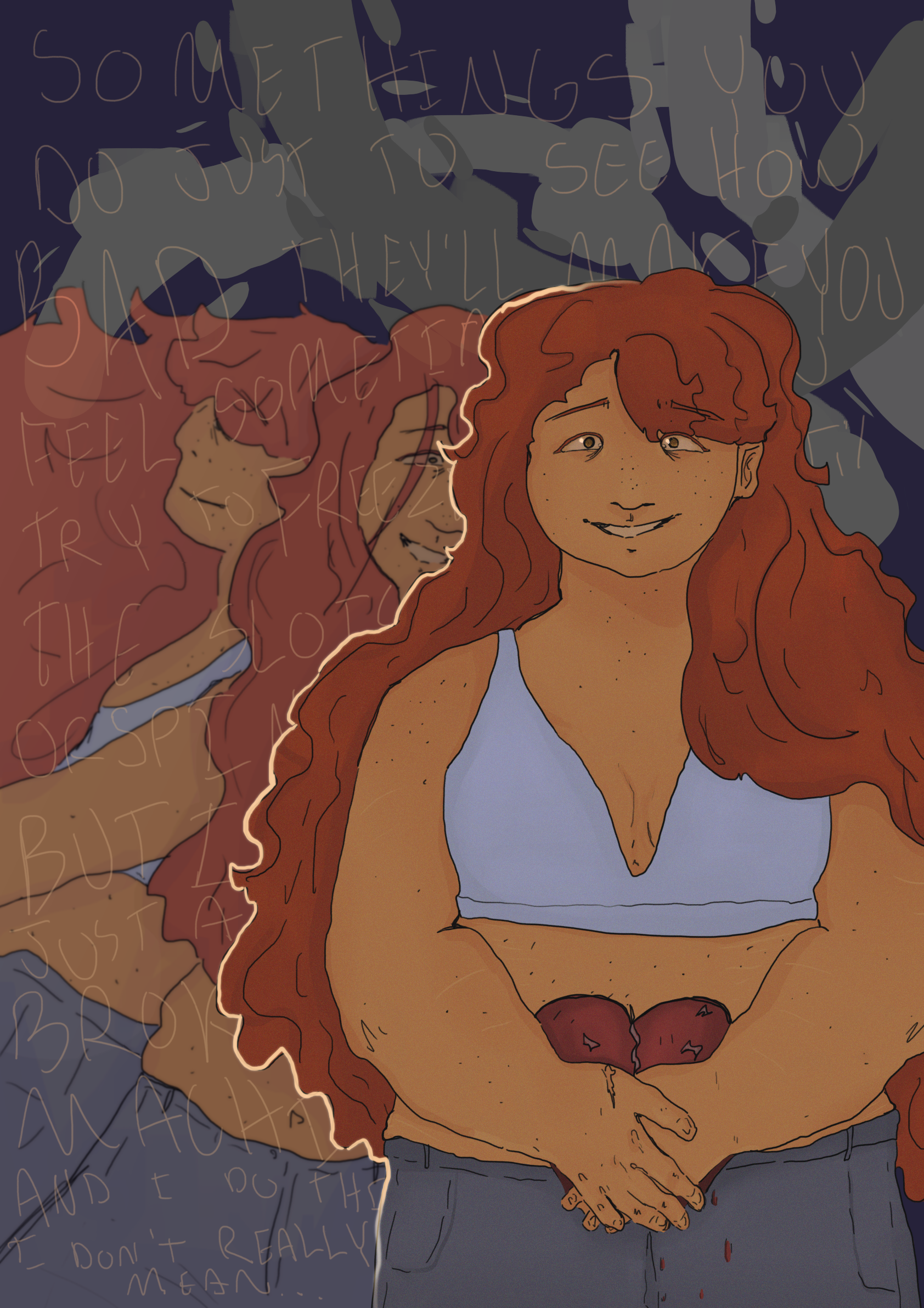 One red-headed character posed in three different ways in front of song lyrics